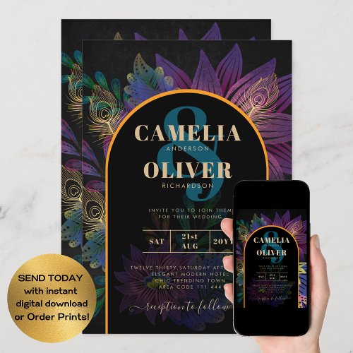 Noir Peacock Jewel Tones Floral Wedding Invitation