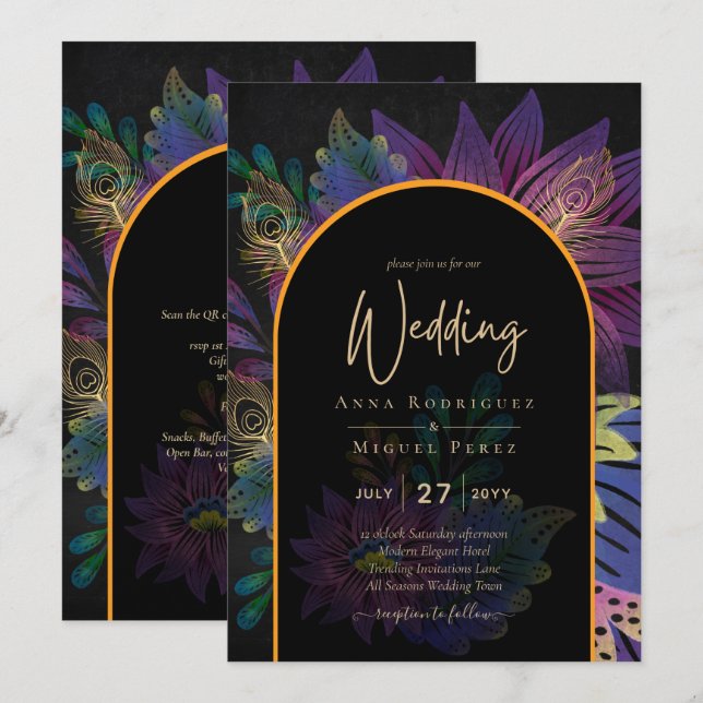 Noir Peacock Jewel Tones Floral Wedding Invitation (Front/Back)