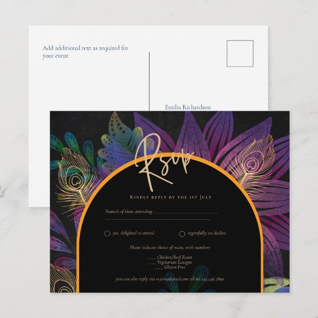 Noir Peacock Jewel Tones Floral Wedding Postcard (Front/Back)