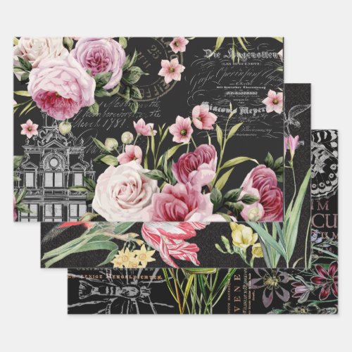 NOIR VINTAGE FLORALS HEAVY WEIGHT DECOUPAGE PRINTS WRAPPING PAPER SHEETS