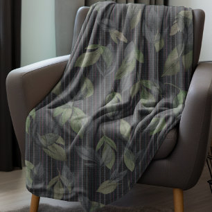Noir Woven Leaves And Stripes  Fleece Blanket