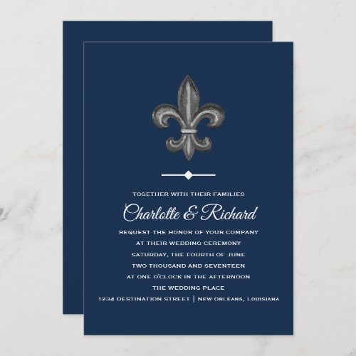 Nola Gray  Navy French Fleur De Lis Wedding Invitation