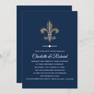 Nola Gray & Navy French Fleur De Lis Wedding Invitation