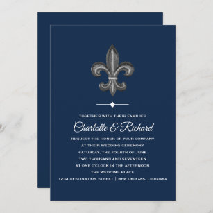 Nola Gray & Navy French Fleur De Lis Wedding Invitation