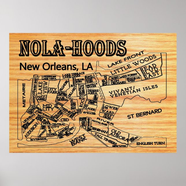 Nola-Hood New Orleans Neighborhoods Map Poster (Front)