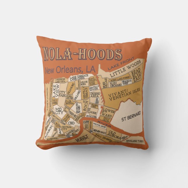 Nola-Hoods, New Orleans Neighborhood Maps, Throw Pillow (Front)