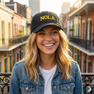 NOLA New Orleans Black and Gold Typography Embroid Embroidered Baseball Cap