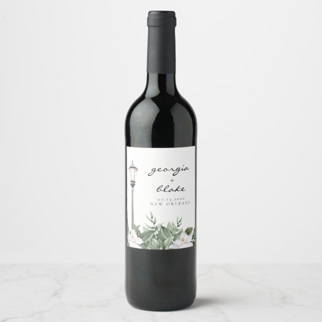 NOLA  New Orleans Magnolia Wedding Wine Label (Front)