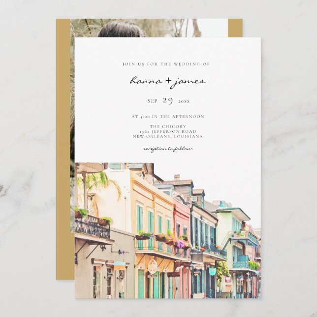 NOLA Watercolor New Orleans Bourbon Street Wedding Invitation (Front/Back)