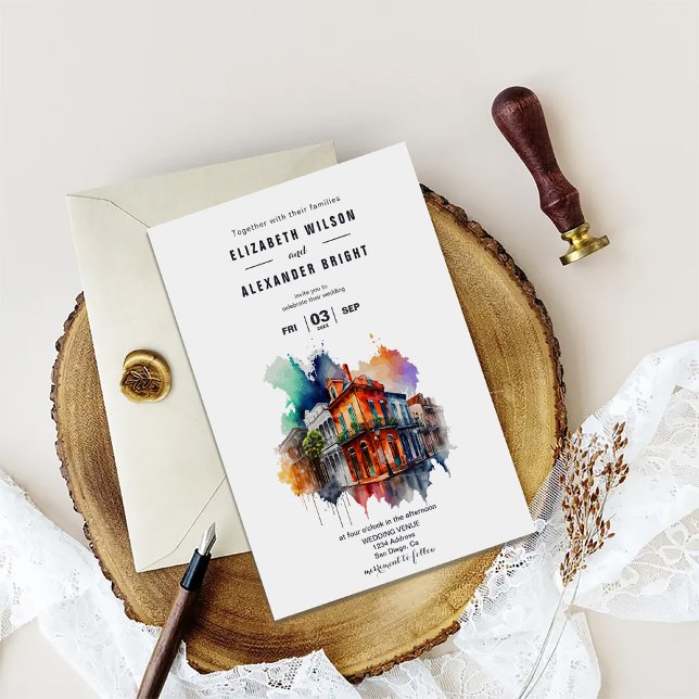 Nola Watercolor New Orleans City Louisiana Wedding Invitation (Creator Uploaded)