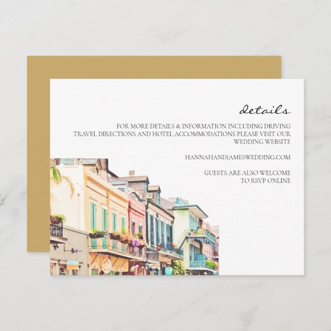 Nola - Watercolor New Orleans Wedding Details Card (Front/Back)