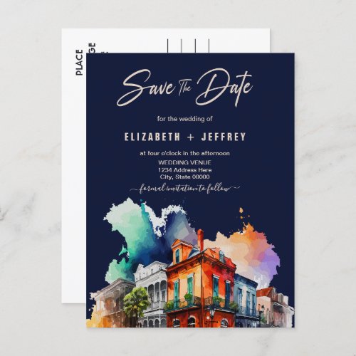 Nola Watercolor New Orleans Wedding Save The Date Postcard