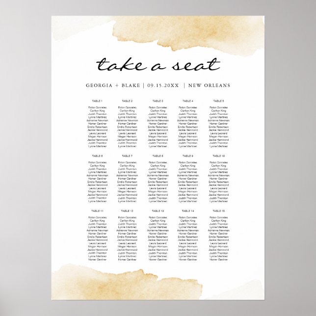 NOLA  Yellow Watercolor Wedding Seating Chart (Front)