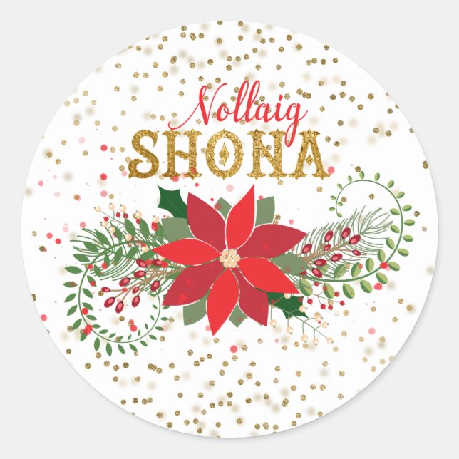 Nollaig Shona Gold Glitter Poinsettia Christmas Classic Round Sticker (Front)