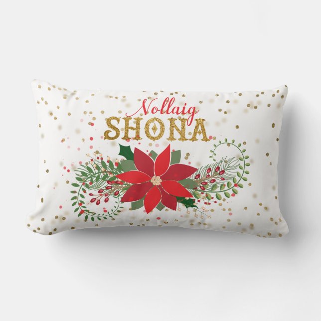 Nollaig Shona Gold Glitter Poinsettia Christmas Lumbar Pillow (Front)