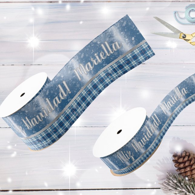 Nombre Spanish Feliz Navidad Elegante Azul Grosgrain Ribbon (Creator Uploaded)