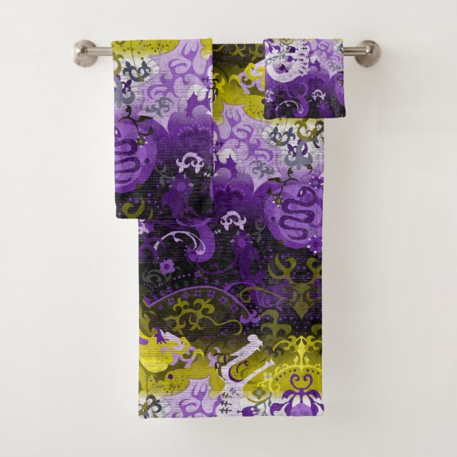 Non-Binary Dragon Damask - NonBinary Pride Flag Bath Towel Set (Insitu)