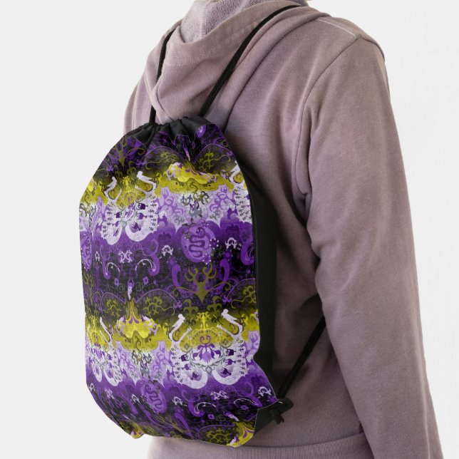 Non-Binary Dragon Damask - NonBinary Pride Flag Drawstring Bag (Insitu)