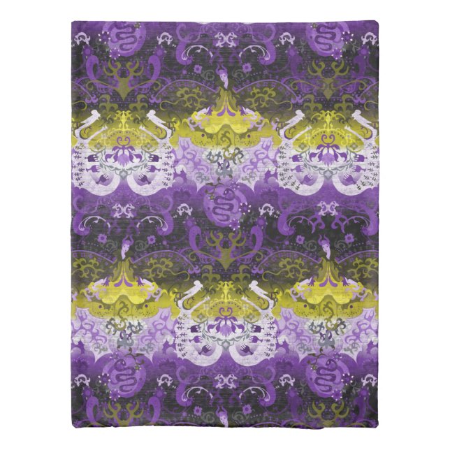 Non-Binary Dragon Damask - NonBinary Pride Flag Duvet Cover (Back)