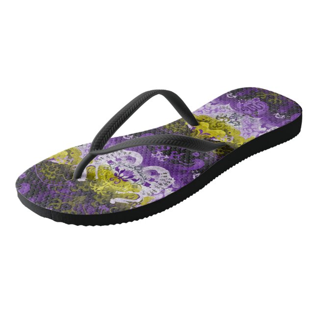 Non-Binary Dragon Damask - NonBinary Pride Flag Flip Flops (Angled)