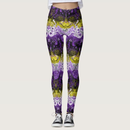 Non_Binary Dragon Damask _ NonBinary Pride Flag Leggings