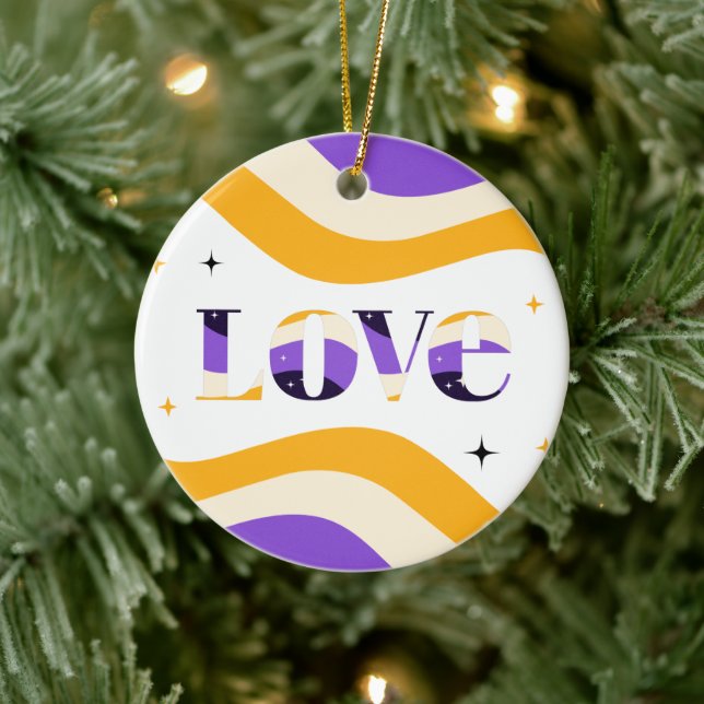 Non - Binary Love Typography Pride Sparkly Text   Ceramic Ornament (Tree)