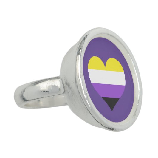Non Binary Pride Flag Heart Nonbinary Pride Round Ring (Side)