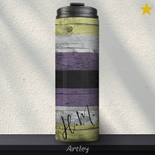 Non Binary Pride Flag LGBT Wood Grain Custom Name Thermal Tumbler