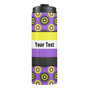 Non-binary pride flag with a purple flower pattern thermal tumbler