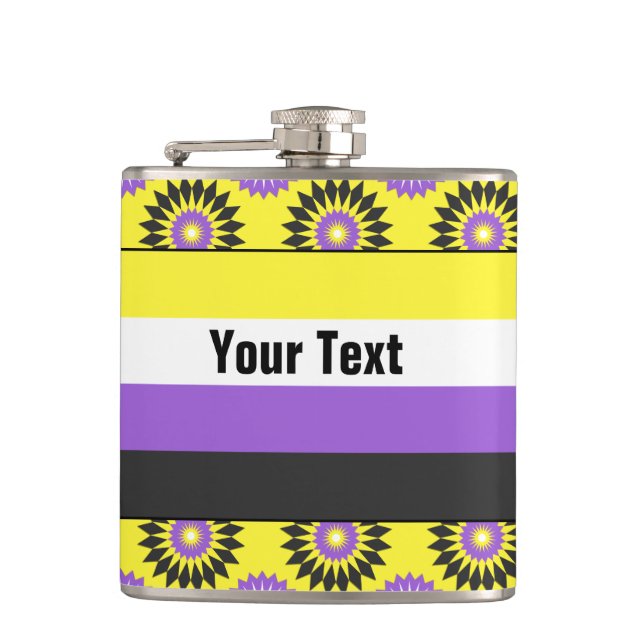Non-binary pride flag with a yellow flower pattern flask (Front)