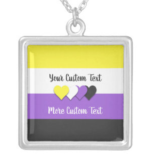 Non-binary pride flag with hearts silver plated necklace