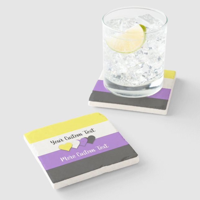 Non-binary pride flag with hearts stone coaster (Side)