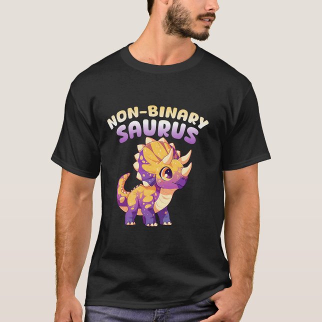 Non-Binary Saurus Cute Triceratop LGBTQ+ Pride Din T-Shirt (Front)