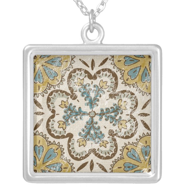 Non-Embellished Batik Square II Silver Plated Necklace (Front)