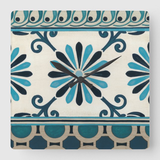 Non-Embellished Indigo Frieze II Square Wall Clock (Front)