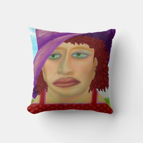 Non gender specific person in red top  purple hat throw pillow