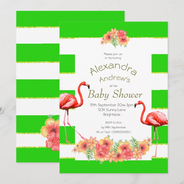 Non Gender Tropical Green Stripe Baby Shower Invitation (Front/Back)