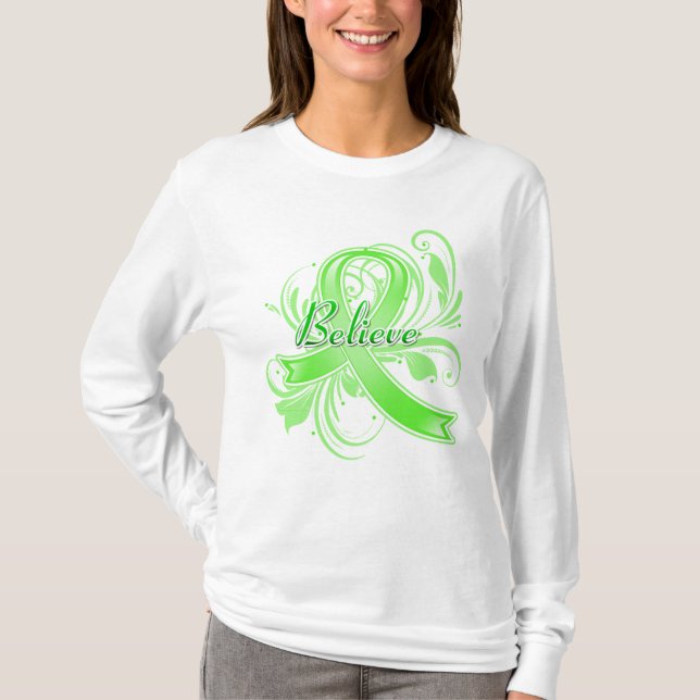 Non-Hodgkin’s Lymphoma Believe Flourish Ribbon T-Shirt (Front)