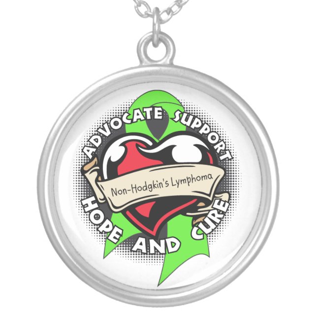 Non-Hodgkins Lymphoma Awareness Heart Ribbon Silver Plated Necklace (Front)
