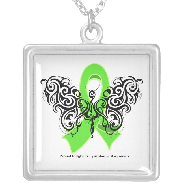 Non-Hodgkin's Lymphoma Tribal Butterfly Silver Plated Necklace (Front)