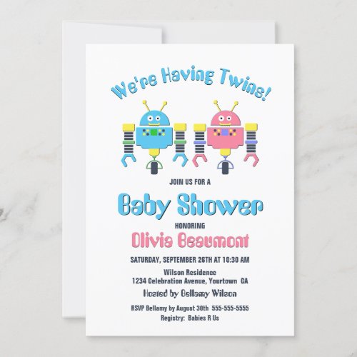 Non Identical Twin Babies Robot Baby Shower Invitation