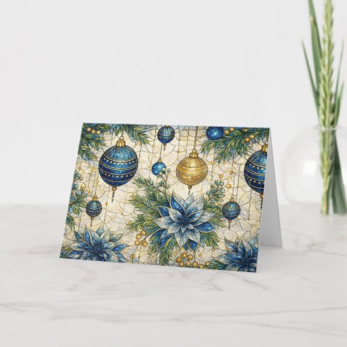Non-Photo Blue Stained Glass Christmas Florals Holiday Card