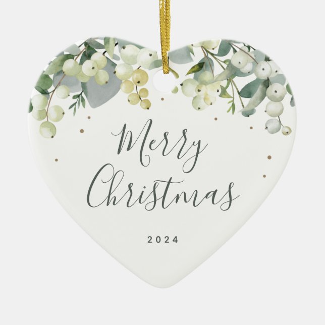 Non-Photo Custom Snowberry Christmas Heart Shaped Ceramic Ornament (Front)