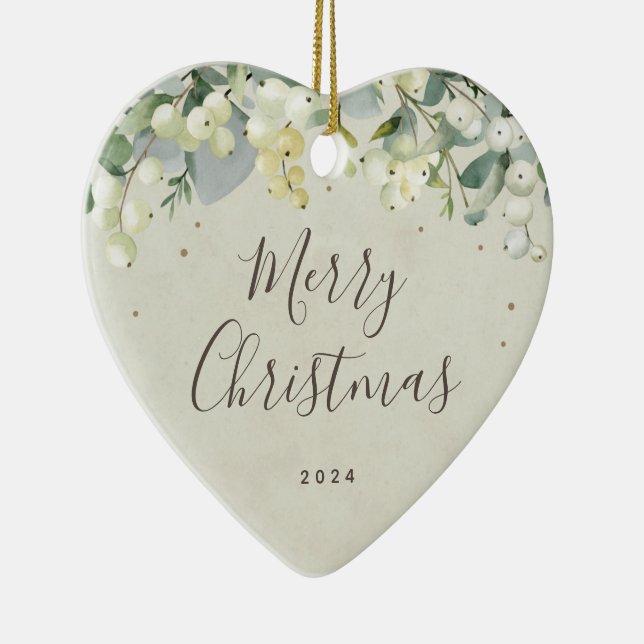 Non-Photo Custom Snowberry Christmas Heart Shaped Ceramic Ornament (Right)