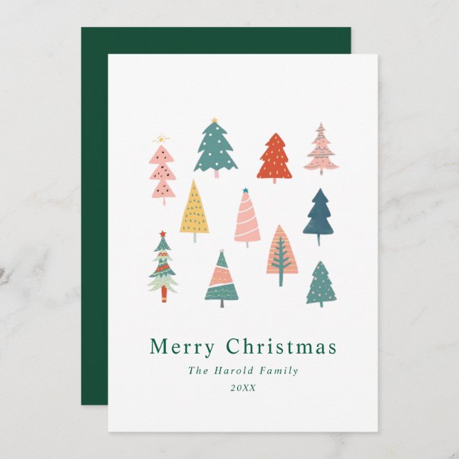 Non Photo Elegant Simple Green Christmas Trees Holiday Card (Front/Back)