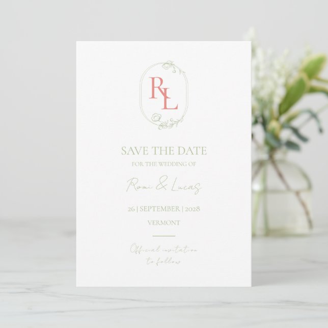 Non Photo Minimal Coral & Green Monogram Wedding Announcement (Standing Front)