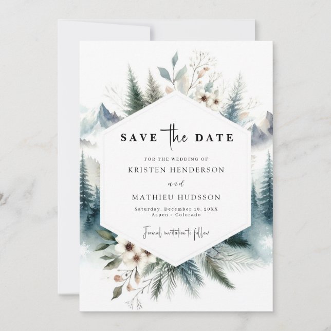 Non Photo Whimsical Mountain Wedding Save The Date (Front)