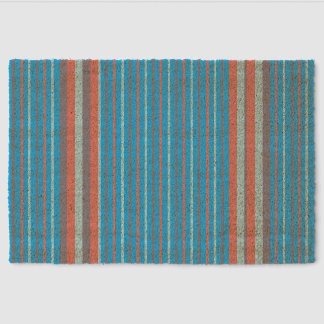 Non-Slip Aqua Striped Coir Fiber Door Mat (Front)