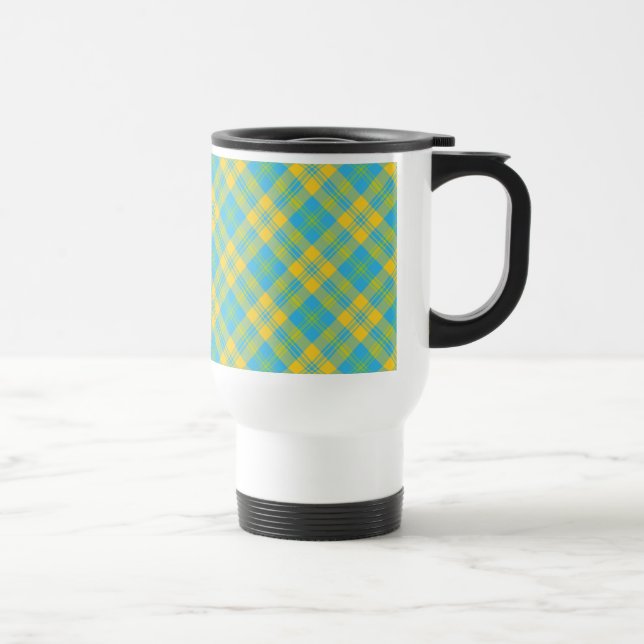 Non-spill Travel Mug: Blue, Yellow, Green Plaid Travel Mug (Right)