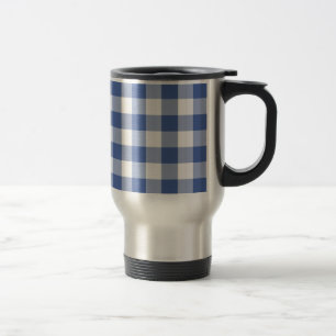 Non-spill Travel Mug, Dark Blue Check Gingham Mug